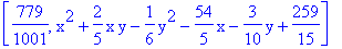 [779/1001, x^2+2/5*x*y-1/6*y^2-54/5*x-3/10*y+259/15]